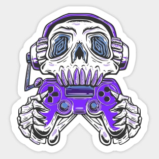 A skull gamer holding a  purple joystick controller and wearing headphone. Sticker